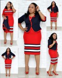 SC Plus Size Color Block Print Coat Dress 2 Piece Set GJXI-JX035