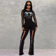 SC Splicing Mesh Print Holes Jumpsuit GNZD-7951JG