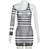 SC One Shoulder See Through Mesh Striped Dress GYME-K23D32554