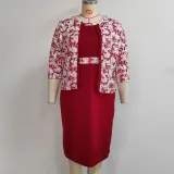 SC Plus Size Print Coat And Short Sleeve Dress Two Piece Set GJXI-JX502