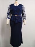 SC Plus Size Lace Patchwork 3/4 Sleeve Maxi Dress GJXI-JX020