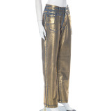 SC Solid Color Hot Gold Zipper Straight Jeans GSZM-M23PT388