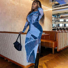 SC Denim Print Slim Long Sleeve Maxi Dress GSZM-D23DS055