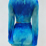 SC Tie Dye Print V Neck Pleated Mesh Skirt Set GSZM-R21ST129
