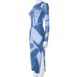 SC Denim Print Slim Long Sleeve Maxi Dress GSZM-D23DS055