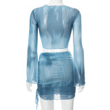 SC Tie Dye Print V Neck Pleated Mesh Skirt Set GSZM-R21ST129
