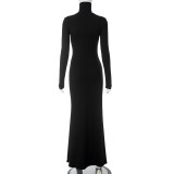 SC Solid Long Sleeve High Collar Fishtail Dress GSZM-M23DS504