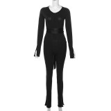 SC Rib Tie Up Long Sleeve Tight Jumpsuit XEF-38443