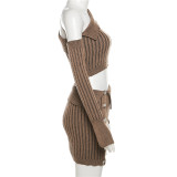 SC Knits Stripe Single Shoulder Top Two Piece Skirt Set XEF-39324