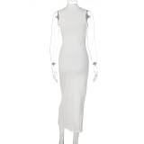 SC Solid Color O Neck Long Sleeve Split Maxi Dress BLG-D1B7226K