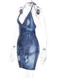 SC Printed V-Neck Backless Lace-Up Dress BLG-D3312195K
