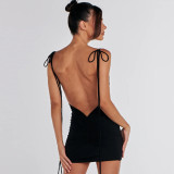 SC Sexy Backless Pleated Lace-Up Mini Dress BLG-D3512793A