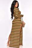 SC Long Sleeve Stripe Print Split Maxi Dress YD-8793