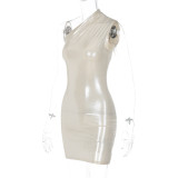 SC Solid Color Slant Shoulder Sleeveless Mini Dress BLG-D289917K