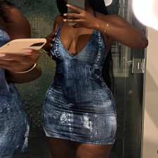 SC Printed V-Neck Backless Lace-Up Dress BLG-D3312195K