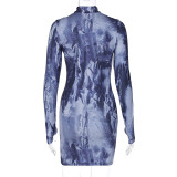 SC Casual Print Slim Long Sleeve Mini Dress BLG-D3612954K