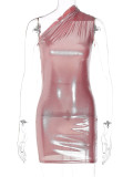 SC Solid Color Slant Shoulder Sleeveless Mini Dress BLG-D289917K