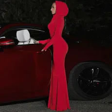 SC Solid Color Slim Hooded Long Sleeve Maxi Dress BLG-D3813926K