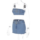 SC Sexy Denim Wrap Chest And Skirts Two Piece Set BLG-S3312077A