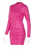 SC Solid Color Pleated Long Sleeve Mini Dress BLG-D2A10779K