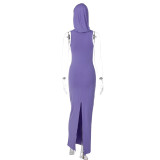 SC Solid Sleeveless Hooded Split Maxi Dress BLG-D3312010A