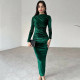 SC Solid Color Slim Pleated Long Sleeve Midi Dress BLG-D3B14885A