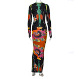 SC Fashion Print O Neck Long Sleeve Maxi Dress BLG-D289952A