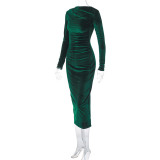 SC Solid Color Slim Pleated Long Sleeve Midi Dress BLG-D3B14885A