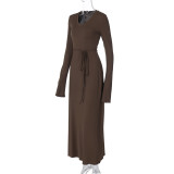 SC V Neck Slim Tie Up Long Sleeve Maxi Dress BLG-D3914310K