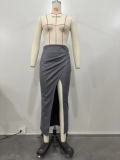 SC PU High Split Irregular Half-body Skirt OD-8618