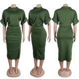 SC Solid Color Short Sleeve Split Midi Dress NY-10663