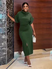 SC Solid Color Short Sleeve Split Midi Dress NY-10663