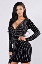 SC Long Sleeve Hot Drill V Neck Mini Dress LX-9920
