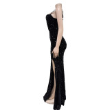 SC Sexy Sequin Solic Sling Maxi Dress BY-6789