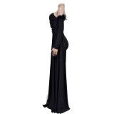 SC Long Sleeve Pleated Backless Split Maxi Dress BY-6797