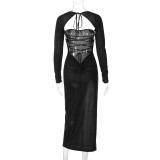 SC Long Sleeve Hollow Out Split Maxi Dress BLG-D3813677K