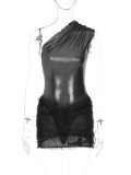 SC Sexy Patchwork Slash Shoulder Bodysuit Plush Skirt Suit BLG-S289860A