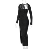 SC Long Sleeve Hollow Out Split Maxi Dress BLG-D3813677K