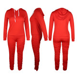 SC Solid Color Hooded Zipper Pleated Pants 2 Piece Set TE-4657