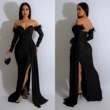 SC Long Sleeve Pleated Backless Split Maxi Dress BY-6797
