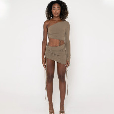 SC Single Shoulder Long Sleeve Crop Tops 2 Piece Skirt Set BLG-S2810040K