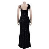 SC Sexy Sequin Solic Sling Maxi Dress BY-6789