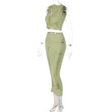 SC Solid Color Hollow Out Vest And Skirts 2 Piece Set BLG-S248474A