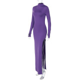 SC Solid Color Slim Split Long Sleeve Maxi Dress BLG-D3A14587K