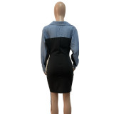 SC Long Sleeve Faux Denim Patchwork Mini Dress QYXZ-9161