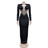 SC Solid Mesh See Through Long Sleeve Maxi Dress BY-6756