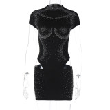 SC Fashion Hot Drill Short Sleeve Bodysuit Two Piece Skirt Set BLG-S3512827A