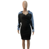 SC Long Sleeve Faux Denim Patchwork Mini Dress QYXZ-9161