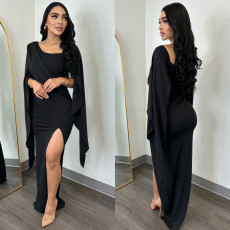 SC Solid Color Long Sleeve Split Pleated Long Dress BY-6772