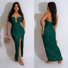 SC Solid Color Sexy Sequin Tube Tops Maxi Dress BY-6782